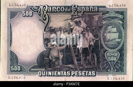 BILLETE DE 500 Peseten - JUAN SEBASTIAN DE ELCANO. Stockfoto