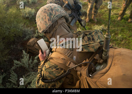 Cpl. Clayton L. Campbell, ein Feld radio Operator, macht die Kommunikation mit den combat Operations Center während der Übung Hamel Cultana Training Area, South Australia, Australien, 1. Juli 2016. Übung Hamel ist eine trilaterale Übung mit Australien, Neuseeland, und US-Streitkräfte zu Zusammenarbeit, Vertrauen und Freundschaft. Campbell, von Harrisonville, Missouri, mit Firma A, 1st Bataillon, 1. Marine Regiment, Marine Drehkraft - Darwin. (U.S. Marine Corps Foto von Cpl. Carlos Cruz jr./Freigegeben) Stockfoto