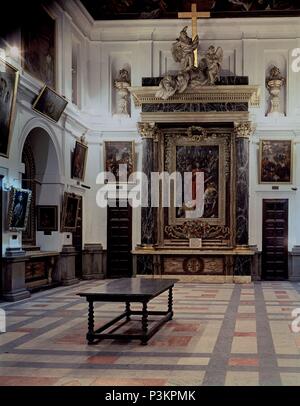 SACRISTIA - CUADRO DEL EXPILIO (EL GRECO) AL FONDO - SUELO DE MARMOL CON DISEÑO GEOMETRICO. Lage: CATEDRAL - INTERIEUR, Toledo, Spanien. Stockfoto