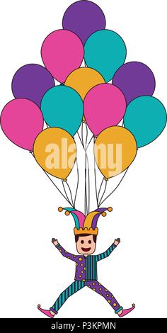 Lustige Hofnarr mit Ballons, Dekoration Party Vector Illustration Stock Vektor