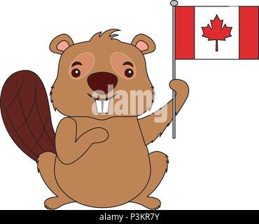 Kanadische Biber holding Kanada Flagge Vector Illustration Stock Vektor