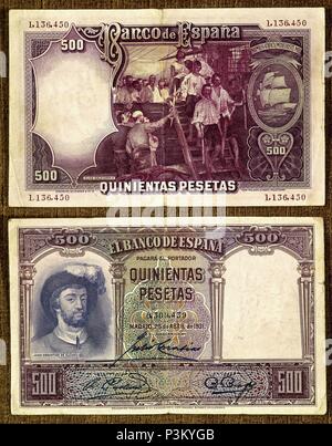 BILLETE DE 500 Peseten - JUAN SEBASTIAN ELCANO. Stockfoto