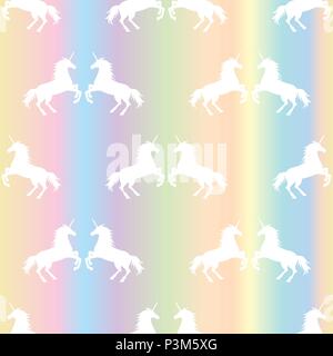 Vector Abbildung: nahtlose Muster aus weißen Einhörner Silhouette auf Pastell rainbow Hintergrund. Einhorn paar Textur Stock Vektor