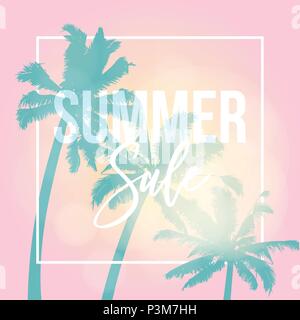 Summer Sale, Poster, Banner. Silhouette von Kokospalmen wieder den Himmel während der schönen Sonnenuntergang. Tropischen Dschungel Design. Ferienhäuser Konzept, Stock Vektor