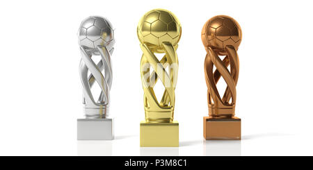 Fußball-Gewinner. Fußball-Fußball-goldenen, silbernen und bronzenen Trophäen auf weißem Hintergrund. 3D-Darstellung Stockfoto