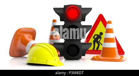 In Arbeit. Straße Konstruktion Zeichen auf weißem Hintergrund. Rote Ampel, Schild, Helm und Leitkegel, 3D-Darstellung Stockfoto