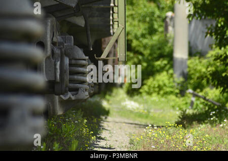 Landschaft mit einem Güterzug. Eisenbahn im Frühjahr Saison Stockfoto