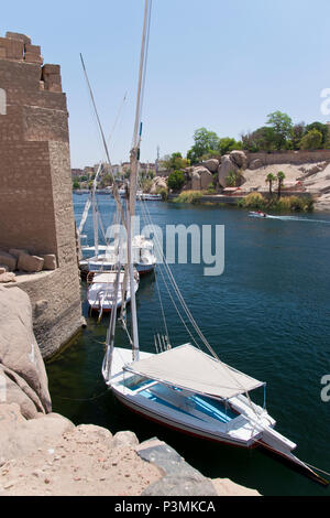 Feluccas, traditionellen hölzernen Segelschiffe, in den Nil an den Ruinen von Abu und Assuan Museum festgemacht, auf die Insel Elephantine bei Assuan, Ägypten. Stockfoto