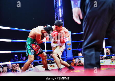 Der Ukraine WBA Fliegengewicht Weltmeister Artem Dalakian geht an den Körper seines Gegners Sirichai Thaiyen in der ersten Titelverteidigung auf dem Ring in Kiew Stockfoto