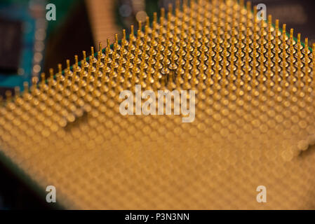 Pin Grid Array auf einer CPU mit Reihen von goldenen Pins. Stockfoto