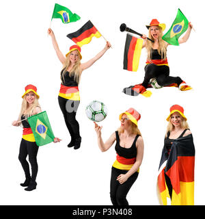 Fünf Bilder mit glücklichen Deutschen Fußballfan feiern und jubeln für Deutschland und Brasilien. Bilder isoliert auf weißem Hintergrund, Platz für Yo Stockfoto