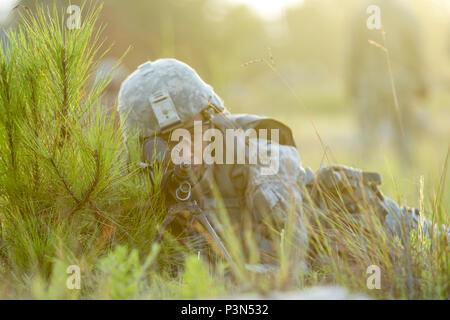 Massachusetts Army National Guard Soldaten aus der Co.C, 1.BATAILLON, 182 Infanterie in einem 4-Tag teilnehmen, Firma kombinierte Waffen live-fire Übung in Peason Ridge, La., Freitag, 15. Juli 2016 durchgeführt. Die live Fire Training wird in drei Phasen: Übung, Unternehmen ausüben und live Feuer, und Herausforderungen der Kommandant, gleichzeitig zwei separate Ziele und gleichzeitig das Kommando und die Kontrolle über das Schlachtfeld abgeschlossen. Die Massachusetts Infanteristen trat mehr als 5.000 Soldaten aus anderen staatlichen Army National Guard Einheiten, aktive Armee und der Armee Finden tro Stockfoto