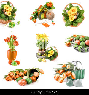 Satz von acht Ostern Kompositionen aus Blumen und Frühling Dekorationen in Grün, Orange und Gelb, isoliert auf weißem Stockfoto