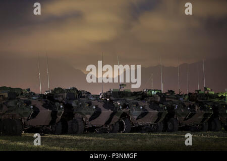 Australische Armee ASLAVs (Australian Light-Armoured Fahrzeuge) vom 2 Cavalry Regiment bei Marine Corps Base Hawaii während der Übung der Pacific Rim (Rimpac) 2016. (Australian Defence Force Foto von Cpl Matthew Bickerton) Stockfoto