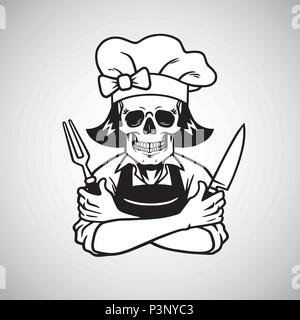 Tote Lady Skull Koch Logo grinsend mit Gabel, Messer und Hut. Vektor Zeichnung Stock Vektor