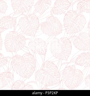 Vektor tropischen Rapport mit monstera Blätter Umrisse auf dem weißen Hintergrund. Hintergrund Design in rosa Pastelltönen. Stock Vektor