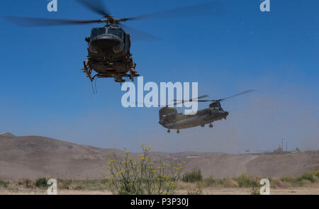 San Diego (22 Juli 2016) - die Chilenische 1 Fallschirmjäger Bataillon Soldaten und Mitglieder vom 2.Bataillon, Royal 22 Régiment, Durchführung Hubschrauber insertion Abseilen aus der Royal Canadian Air Force CH-146 Griffon Hubschrauber während der Pacific Rim 2016 in Camp Pendleton in San Diego, Kalifornien. 26 Nationen, mehr als 40 Schiffe und u-Boote, mehr als 200 Flugzeugen und 25.000 Mitarbeiter an Rimpac vom 30. Juni bis 4. August, in und um die hawaiischen Inseln und Südkalifornien. Die weltweit größte internationale maritime Übung RIMPAC bietet eine einzigartige Ausbildung oppo Stockfoto