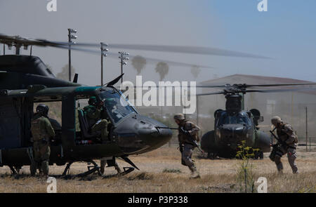 San Diego (22 Juli 2016) - die Chilenische 1 Fallschirmjäger Bataillon Soldaten und Mitglieder vom 2.Bataillon, Royal 22 Régiment, Durchführung Hubschrauber insertion Abseilen aus der Royal Canadian Air Force CH-146 Griffon Hubschrauber während der Pacific Rim 2016 in Camp Pendleton in San Diego, Kalifornien. 26 Nationen, mehr als 40 Schiffe und u-Boote, mehr als 200 Flugzeugen und 25.000 Mitarbeiter an Rimpac vom 30. Juni bis 4. August, in und um die hawaiischen Inseln und Südkalifornien. Die weltweit größte internationale maritime Übung RIMPAC bietet eine einzigartige Ausbildung oppo Stockfoto