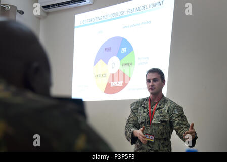 DAR-ES-SALAAM, Tansania - US Navy Lieutenant Allan Lucas, Task Force Sparta die Beseitigung von Explosivstoffen platoon Leader bei Combined Joint Task Force-Horn von Afrika, unterrichtet ein Teil eines Zählers - Improvised Explosive Device Kurs Niederländisch, Tansania und Uganda Übung die Teilnehmer während der Östlichen Accord 2016, an der tansanischen Peacekeeping Training Center, in Dar-es-Salaam, Tansania. EA 16 ist eine jährliche, kombiniert, gemeinsame militärische Übung, die zusammen bringt Partner Nationen zu Praxis und Kenntnisse in der Durchführung von friedenserhaltenden Maßnahmen zeigen. (U.S. Air Force Foto: Staff Sgt. Tiffany DeNaul Stockfoto