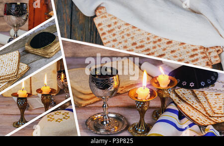 Sabbat Bild. mazze, Brot und Candela auf hölzernen Tisch Stockfoto