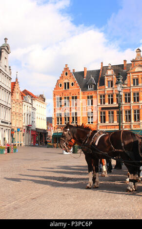 Alte Häuser und Pferdekutschen am Grote Markt, mittelalterliche Stadt Brugge, Belgien, Europa. Weltkulturerbe der UNESCO Stockfoto