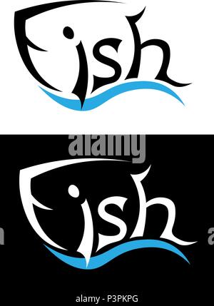 Silhouette von Fischen aus Buchstaben Fisch minimalistisches Restaurant Logo Stock Vektor