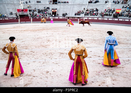 MADRID - 17. Oktober: 3 Toreros (stierkämpfer) starten Sie die Leistung mit dem Stier. an der Plaza del Toros de Las Ventas am 17. Oktober. 2010 in Madrid. Stockfoto