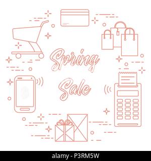 Warenkorb, Payment Terminal, Bankkarte, Pakete, Kisten, Telefon. Frühling Verkauf. Shopping Symbole. Stock Vektor