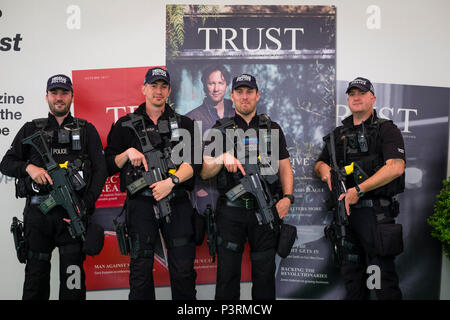 Eine Gruppe von schwer bewaffneten uniformierten Polizisten auf Security Patrol im Hay Festival 2018 der Literatur und der Künste. Stockfoto