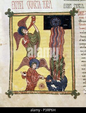 COMENTARIOS AL APOCALIPSIS-Folio 106 V, EL QUINTO ENGEL TOCA LA TROMPETA. Autor: Beatus von Liébana (C. 730 - C. 798). Lage: CATEDRAL - BIBLIOTECA, BURGO DE OSMA, Soria, Spanien. Stockfoto