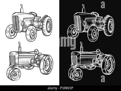Radtraktor in Vintage graviert Stil. Hand gezeichnete Bild auf schwarzem Hintergrund isoliert. Stockfoto