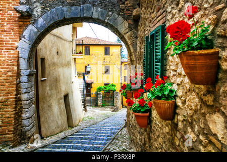 Alte Straßen der italienischen Dorf, mit Blumenschmuck, Casperia, Rieti, Latium. Stockfoto