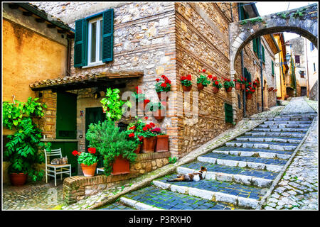 Alte Straßen der italienischen Dorf, mit Blick auf alte Tür, Fenster und Blumenschmuck, Casperia, Rieti, Latium. Stockfoto