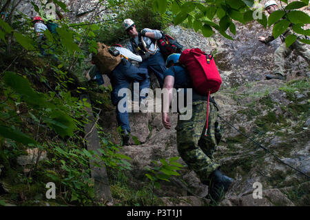 Mitglieder der Task Force 1 Massachusetts und New York Task Force 1, Urban Suche und Rettung, der Federal Emergency Management Agency, und die Royal Canadian Air Force Blue Star Team machen sich auf den Weg auf einen Berg während Wachsam Guard 2016 im Camp Ethan Allen Training Website, Jericho, Vt, 29. Juli 2016. Wachsam Guard ist eine National Emergency Response Übung, durch die Nationalgarde und NORTHCOM, die National Guard Einheiten bietet eine Gelegenheit, die Zusammenarbeit und die Beziehungen zu regionalen zivilen, militärischen zu verbessern, und der Partner in der Vorbereitung für den Notfall und katastrophalen gefördert Stockfoto