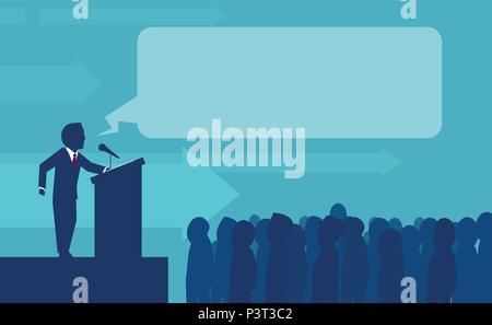 Flat Style der Politiker Geschäftsmann machen Rede vor Publikum Ankündigung von Tribune Stock Vektor