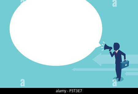 Flache Ausführung von Geschäftsmann mit megaphonen und Ankündigung in der Sprechblase auf blauem Hintergrund Stock Vektor