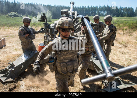 Soldaten in den 2 Bataillon zugeordnet, 17 Field Artillery Regiment "Stahl" unterstützen in den letzten Teil der Stahl Feuer Führer Kurs 2.0 von Feuern präzise abgerundet, an Joint Base Lewis-McChord, Juli 29. Der Zweck der zwei-wöchigen Kurs wurde ein Standard für Taktiken, Techniken und Verfahren des Führer über das Bataillon zu haben. (Foto: Staff Sgt. Michael K. Selvage, 7 Infanterie Division Public Affairs NCO) (freigegeben) Stockfoto