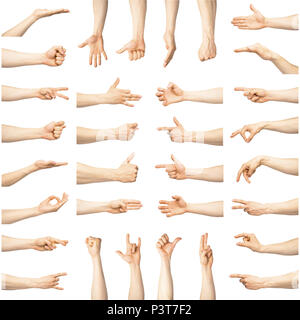Mehrere männliche kaukasischen Gesten der Hand über den weißen Hintergrund isoliert Stockfoto