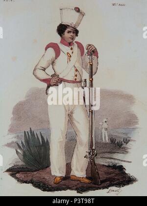 TRAJES CIVILES, MILITARES Y RELIGIOSOS DE MEXIKO - 1828 - SOLDADO MEXICANO - LITOGRAFIA SIGLO XIX. Autor: Claudio Linati (1790-1832). Lage: das Museo DE AMERICA - COLECCION, MADRID, SPANIEN. Stockfoto