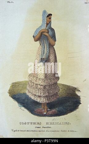 TRAJES CIVILES, MILITARES Y RELIGIOSOS - 1828 - JOVEN OBRERA MEXICANA - LITOGRAFIA SIGLO XIX. Autor: Claudio Linati (1790-1832). Lage: das Museo DE AMERICA - COLECCION, MADRID, SPANIEN. Stockfoto