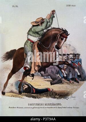 TRAJES CIVILES, MILITARES Y RELIGIOSOS DE MEXIKO - 1828 - RANCHERO MEXICANO CONTRA EL EJERCITO - LITOGRAFIA SIGLO XIX. Autor: Claudio Linati (1790-1832). Lage: das Museo DE AMERICA - COLECCION, MADRID, SPANIEN. Stockfoto