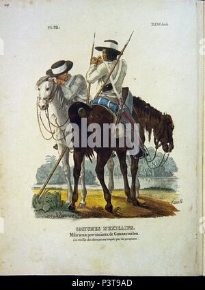 TRAJES CIVILES, MILITARES Y RELIGIOSOS DE MEXIKO - 1828 - MILICIANOS DE GUAZACUALCO - LITOGRAFIA SIGLO XIX. Autor: Claudio Linati (1790-1832). Lage: das Museo DE AMERICA - COLECCION, MADRID, SPANIEN. Stockfoto