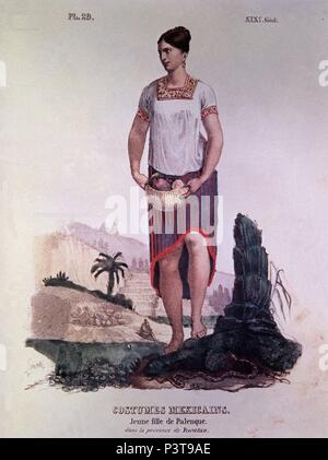 TRAJES CIVILES, MILITARES Y RELIGIOSOS DE MEXIKO - 1828 - MUJER JOVEN DE PALENQUE (Mexiko) - LITOGRAFIA SIGLO XIX. Autor: Claudio Linati (1790-1832). Lage: das Museo DE AMERICA - COLECCION, MADRID, SPANIEN. Stockfoto