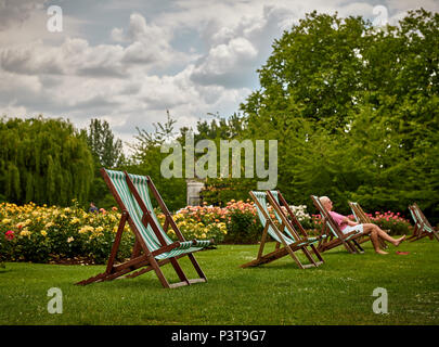 Ein panorama Blick auf den Liegestühlen und Rose Garden in London, Großbritannien Stockfoto