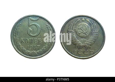 Alte Münzen der Sowjetunion (Russland) 5 Kopeken 1987 Stockfoto