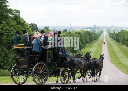 Windsor, Großbritannien. 19 Juni, 2018. Pferdewagen tragen elegant gekleidete racegoers zurück entlang der Langen im Windsor Great Park in Richtung Windsor Schloss Laufen am Ende des ersten Tages der Royal Ascot. Credit: Mark Kerrison/Alamy leben Nachrichten Stockfoto