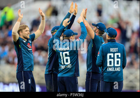 Trent Bridge, Nottingham, UK. 19 Juni, 2018. One Day International Cricket, 3 Royal London ODI, England und Australien; England Spieler der Fall der siebten Australische Wicket feiern, Glenn Maxwell für 19 Durchläufe von Liam Plunkett Credit: Aktion plus Sport/Alamy Leben Nachrichten gefangen Stockfoto