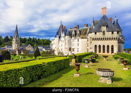 Beeindruckende mittelalterliche Burg Langeais, mit Gärten, Loire Tal, Frankreich. Stockfoto