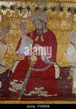 Detail der Bankett der zehn ersten Könige der Dynastie der Nasriden.. Malerei auf Leder. Granada, die Alhambra Kings Zimmer. Ort: ALHAMBRA - SALA DE LOS REYES, Granada, Spanien. Stockfoto