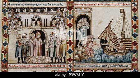 Spanish School. Die Cantigas de Santa Maria (Manuskript mit Musik Notationen): Kaufleute negotiationg und Laden von Wolle. Canticum n° 35, Folio 53r Madrid, San Lorenzo de El Escorial Bibliothek. Autor: Alfons X. von Kastilien, der Weise (1221-1284). Lage: MONASTERIO - BIBLIOTECA - COLECCION, SAN LORENZO DEL Escorial, Madrid, Spanien. Stockfoto